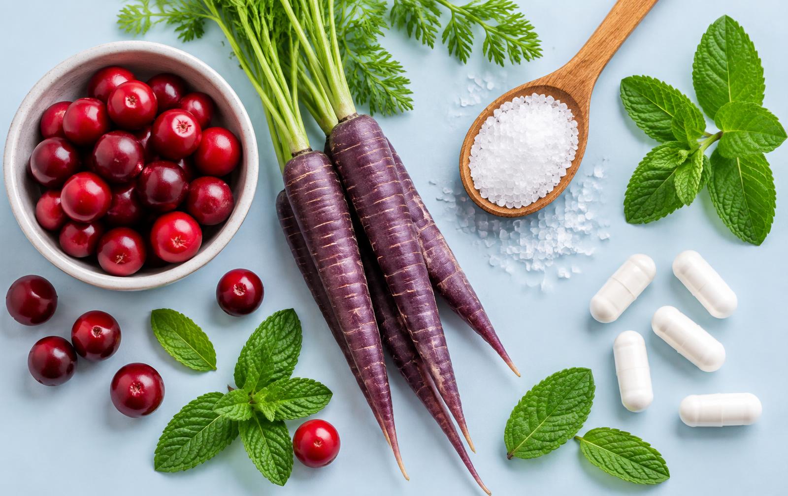 Natural ingredients in the ProvaDent oral probiotic supplement for gum health, including cranberry, purple carrot, xylitol and mint